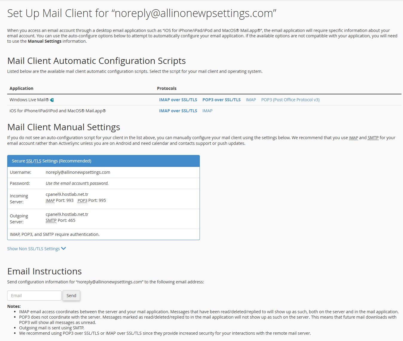 Hosting SMTP settings on the cPanel Connect Devices screen