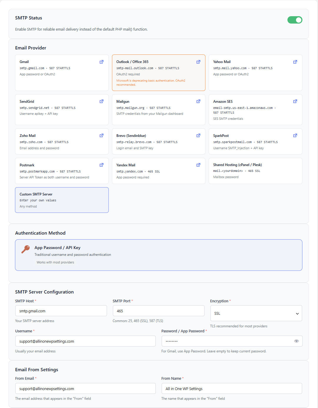 AIOWS provider list and server configuration fields for hosting SMTP settings