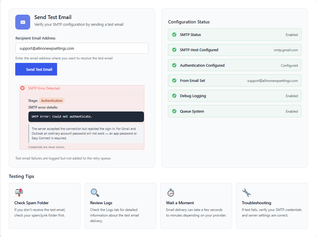 The failure stage shown by the AIOWS test tool when WordPress is not sending emails