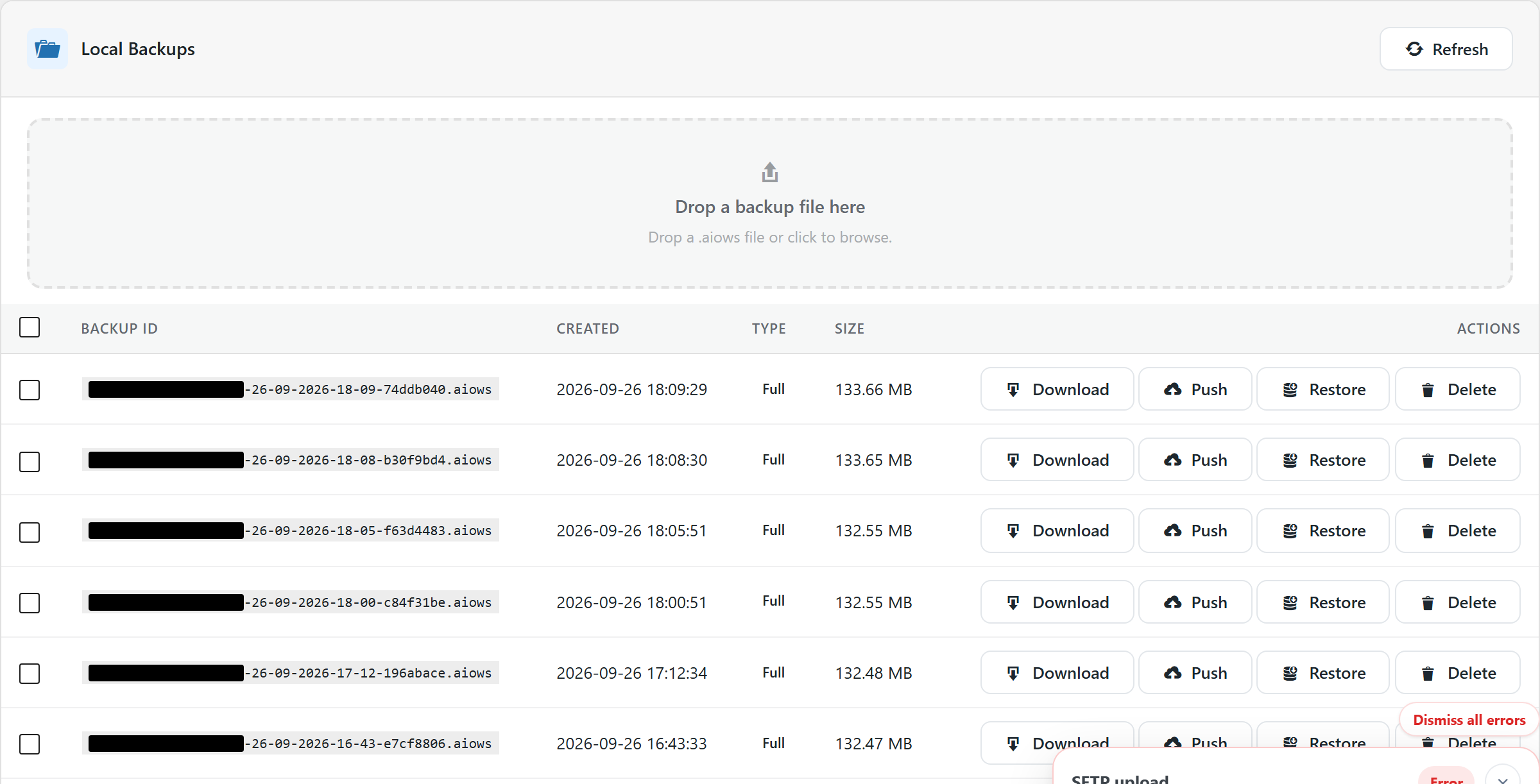 The Local Backups list: four completed packages, each row showing a backup ID, the date and time it was created, the type Full, and a size of about 132 megabytes.