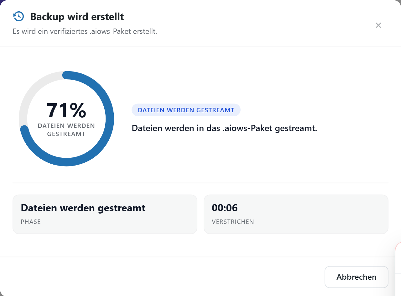 Das Fortschrittsfenster während eines Laufs: ein Ring bei 71 Prozent, als Phase „Dateien werden gestreamt“ und eine verstrichene Zeit von sechs Sekunden.