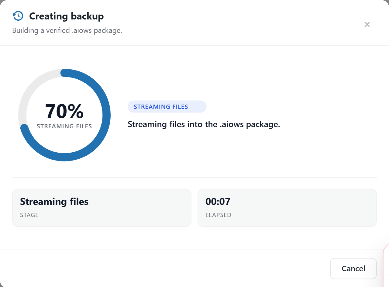 The backup progress window during a run: a ring filled to 70 percent, the stage named as streaming files, and an elapsed time of seven seconds.