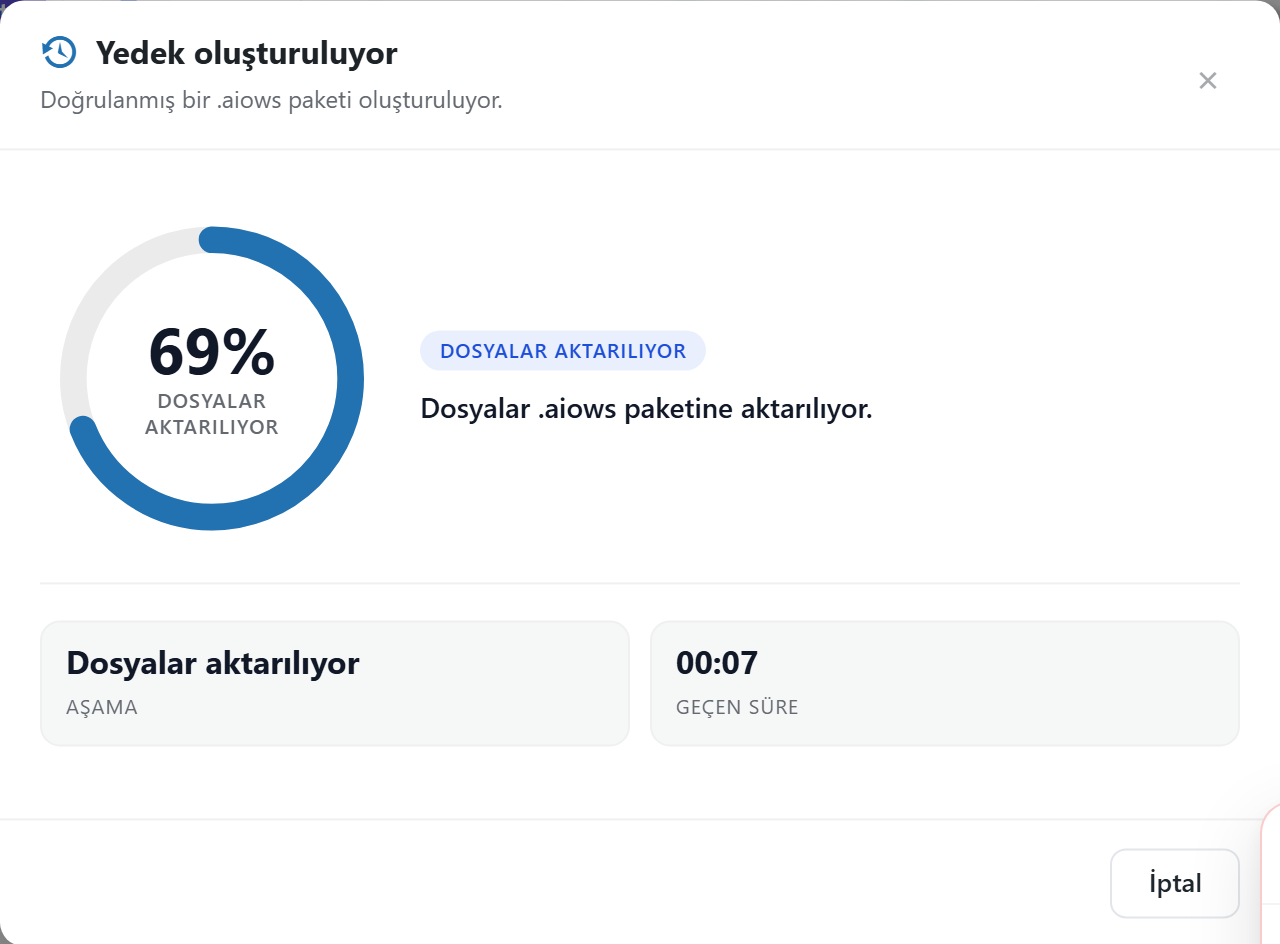 Bir çalışma sırasında ilerleme penceresi: yüzde 69'a dolmuş bir halka, aşama olarak “Dosyalar aktarılıyor” ve yedi saniyelik geçen süre.