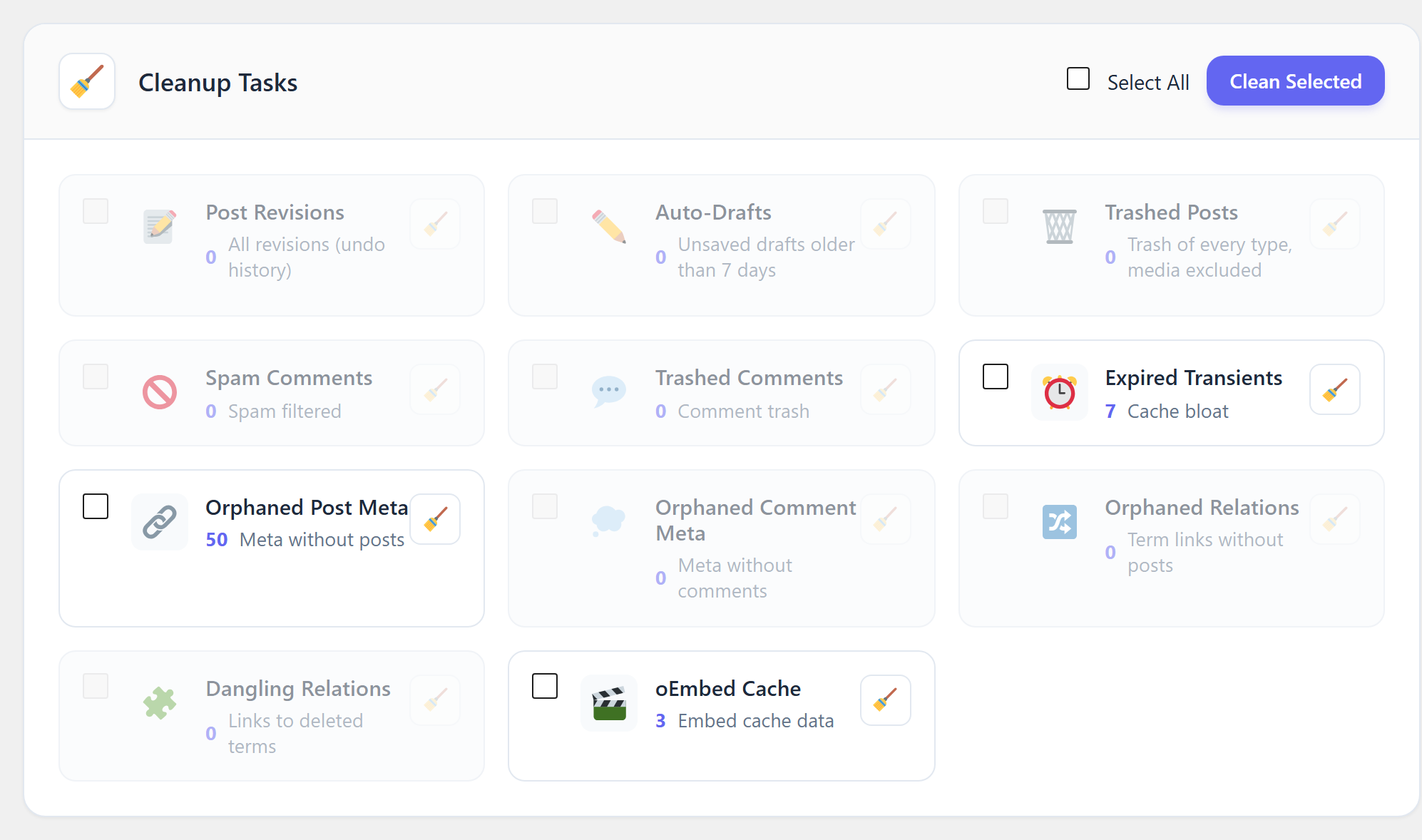 Database Cleaner's task list with the count for each task; tasks with nothing to remove are greyed out.