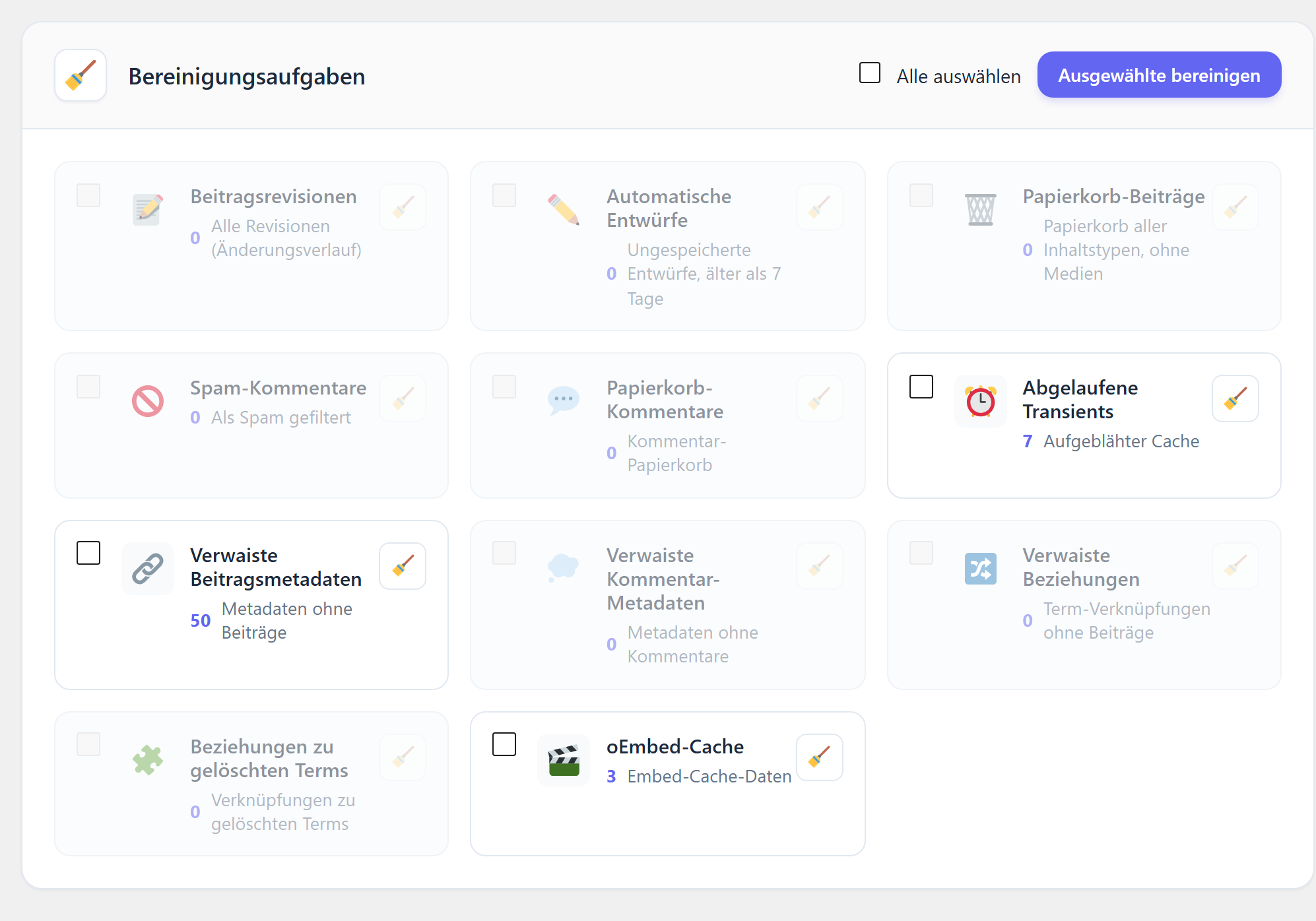 Die Aufgabenliste der Datenbankbereinigung mit der Anzahl je Aufgabe; Aufgaben ohne Treffer sind ausgegraut.