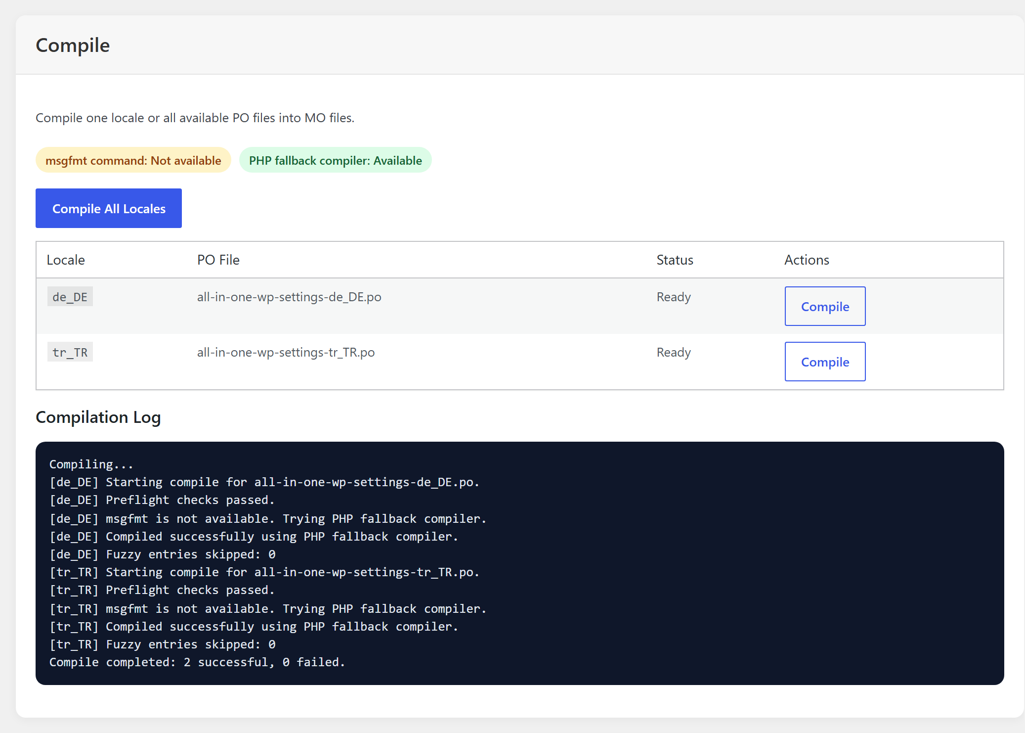 Language Compiler's Compile tab after Compile All Locales, with the log for each file.
