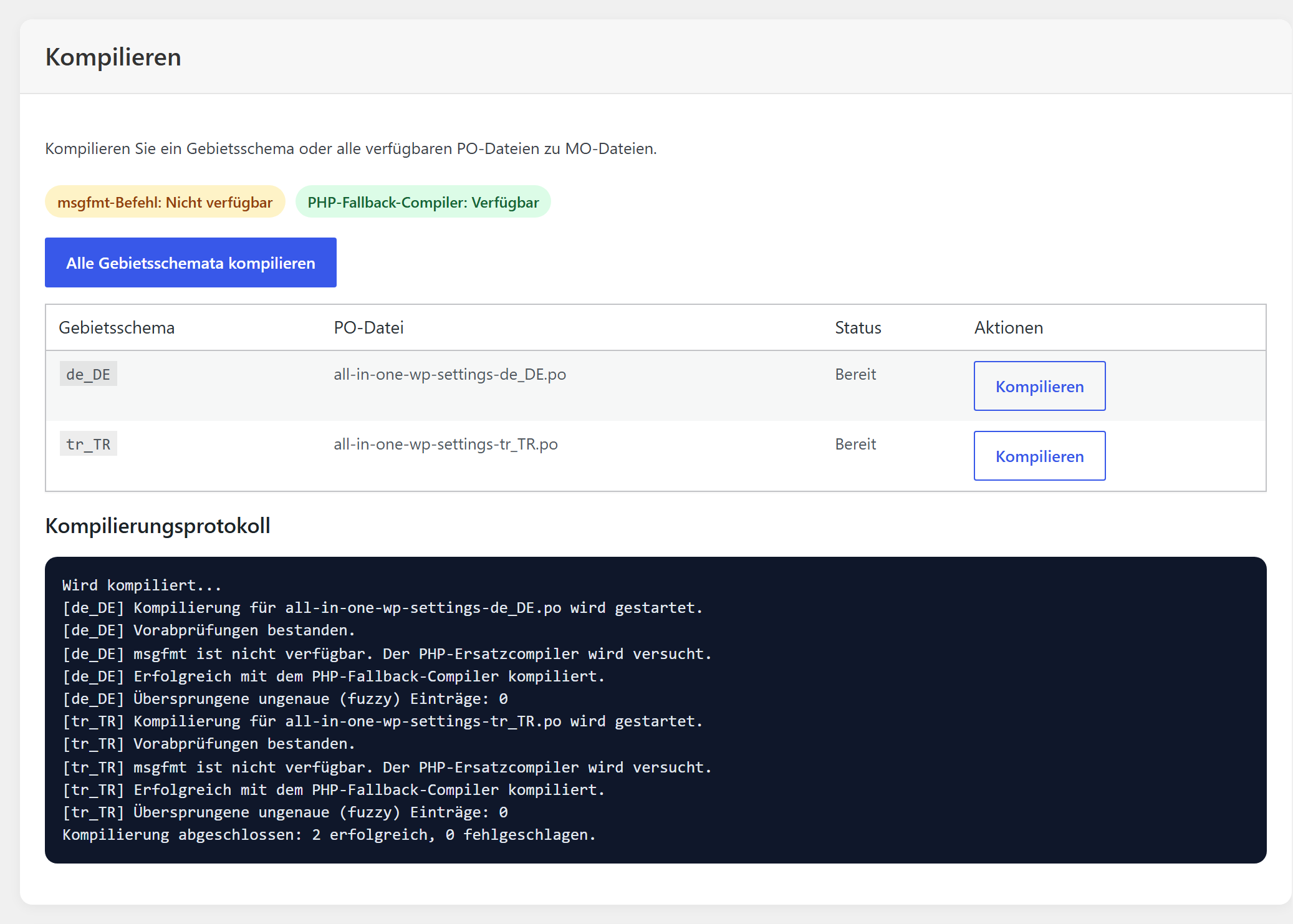 Der Reiter Kompilieren des Sprach-Compilers nach „Alle Gebietsschemata kompilieren“, mit dem Protokoll je Datei.