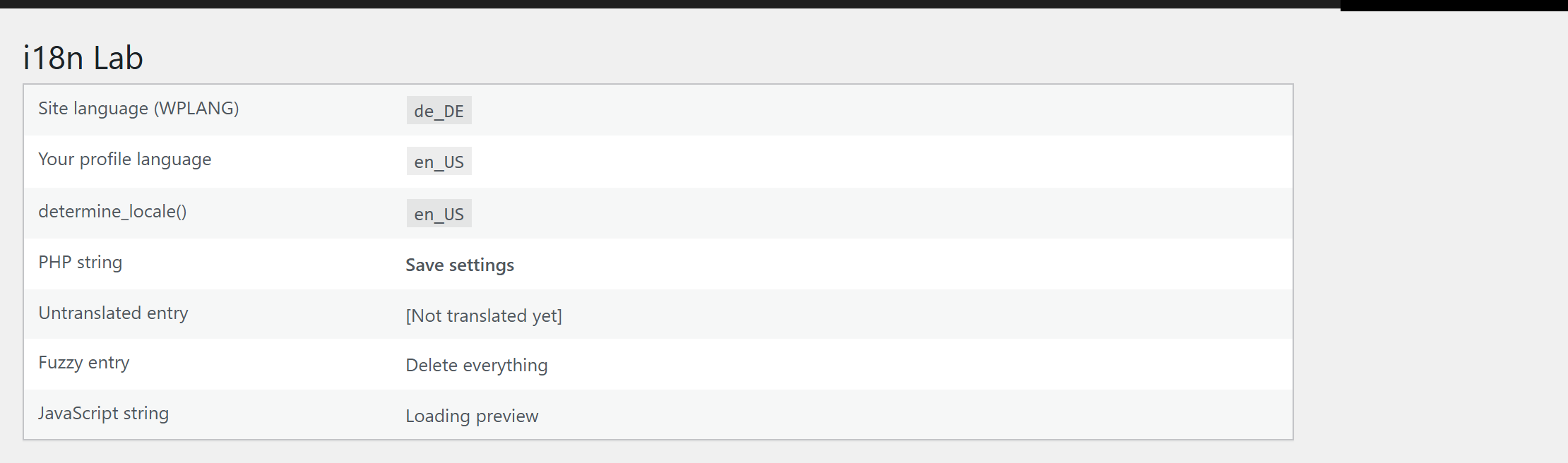 The test page with an English profile language: every string is English, although a German file is installed.