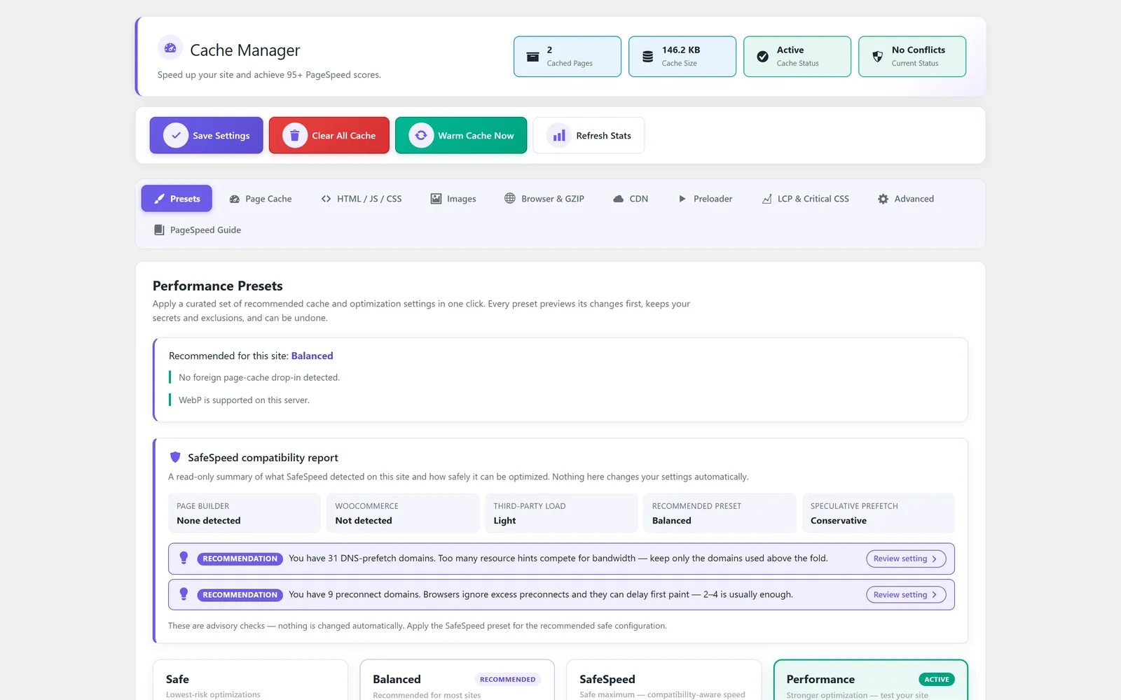 Cache Manager module screenshot