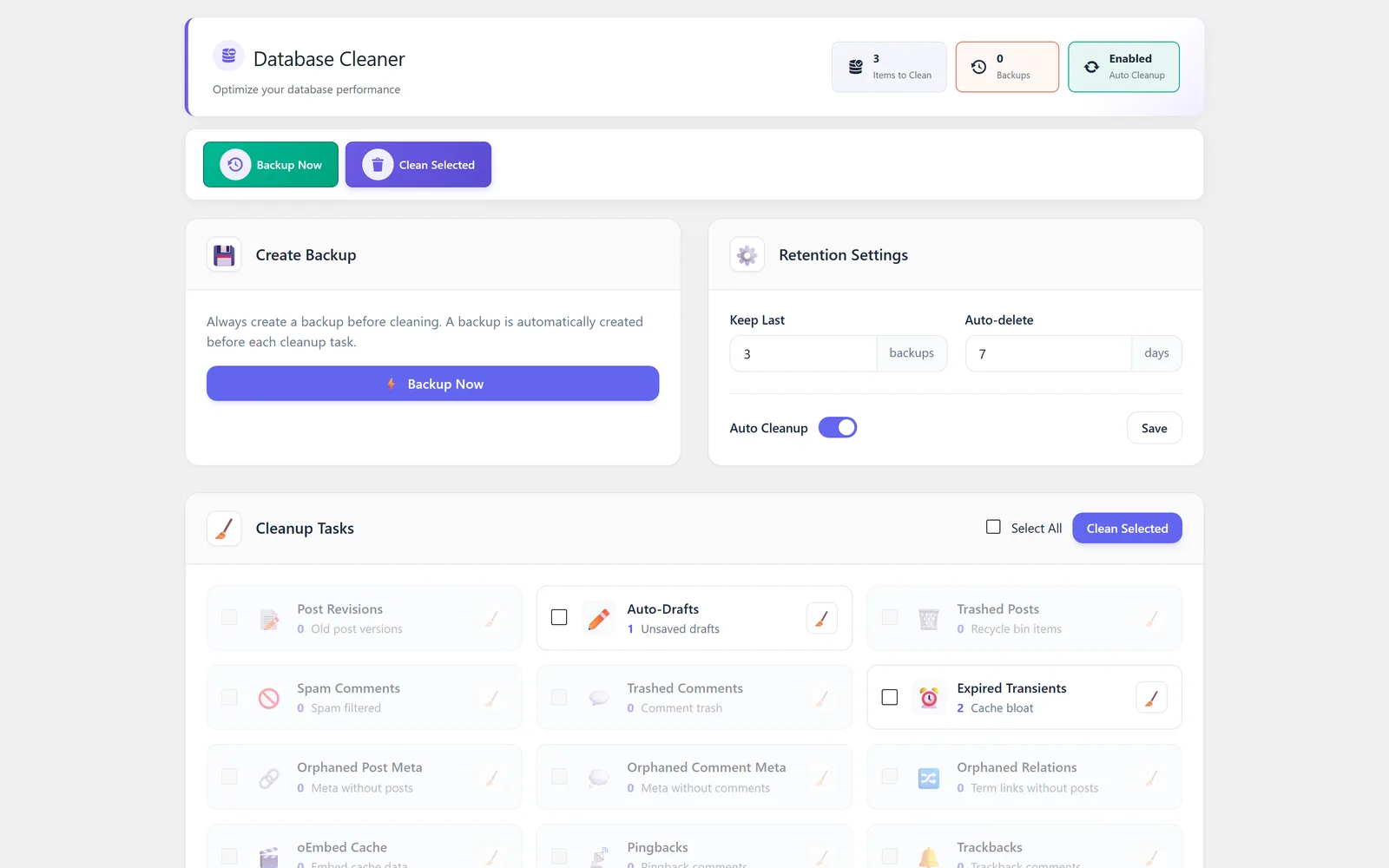 Database Cleaner module screenshot