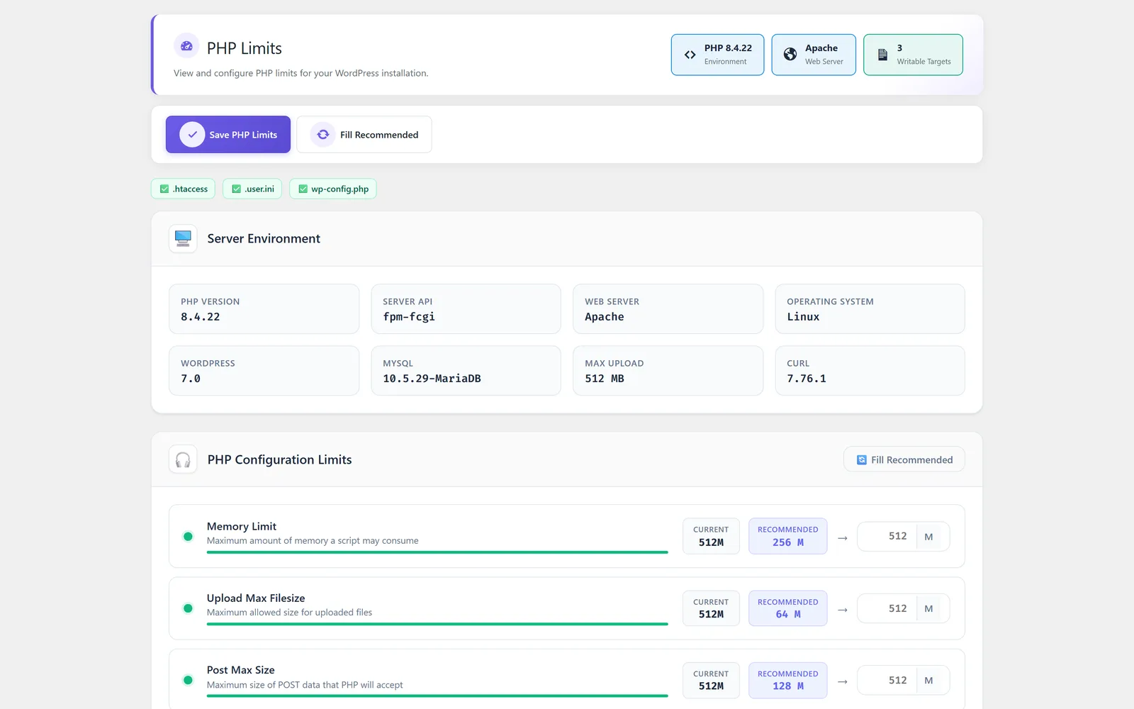 PHP Limits module screenshot