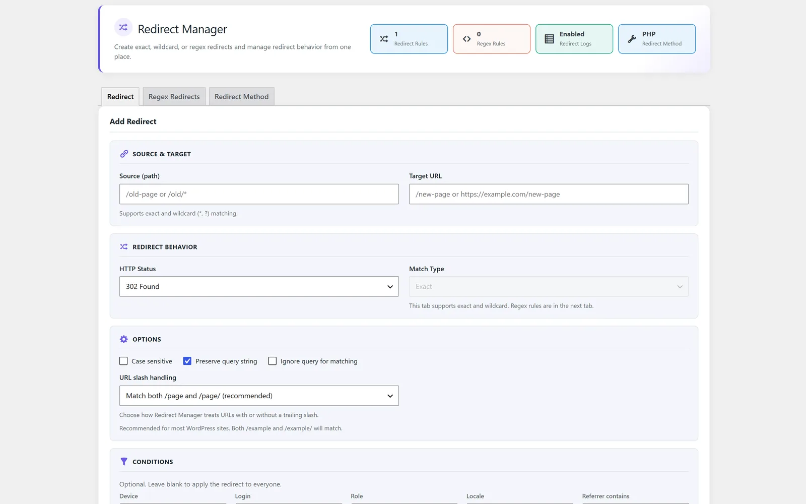 Redirect Manager module screenshot