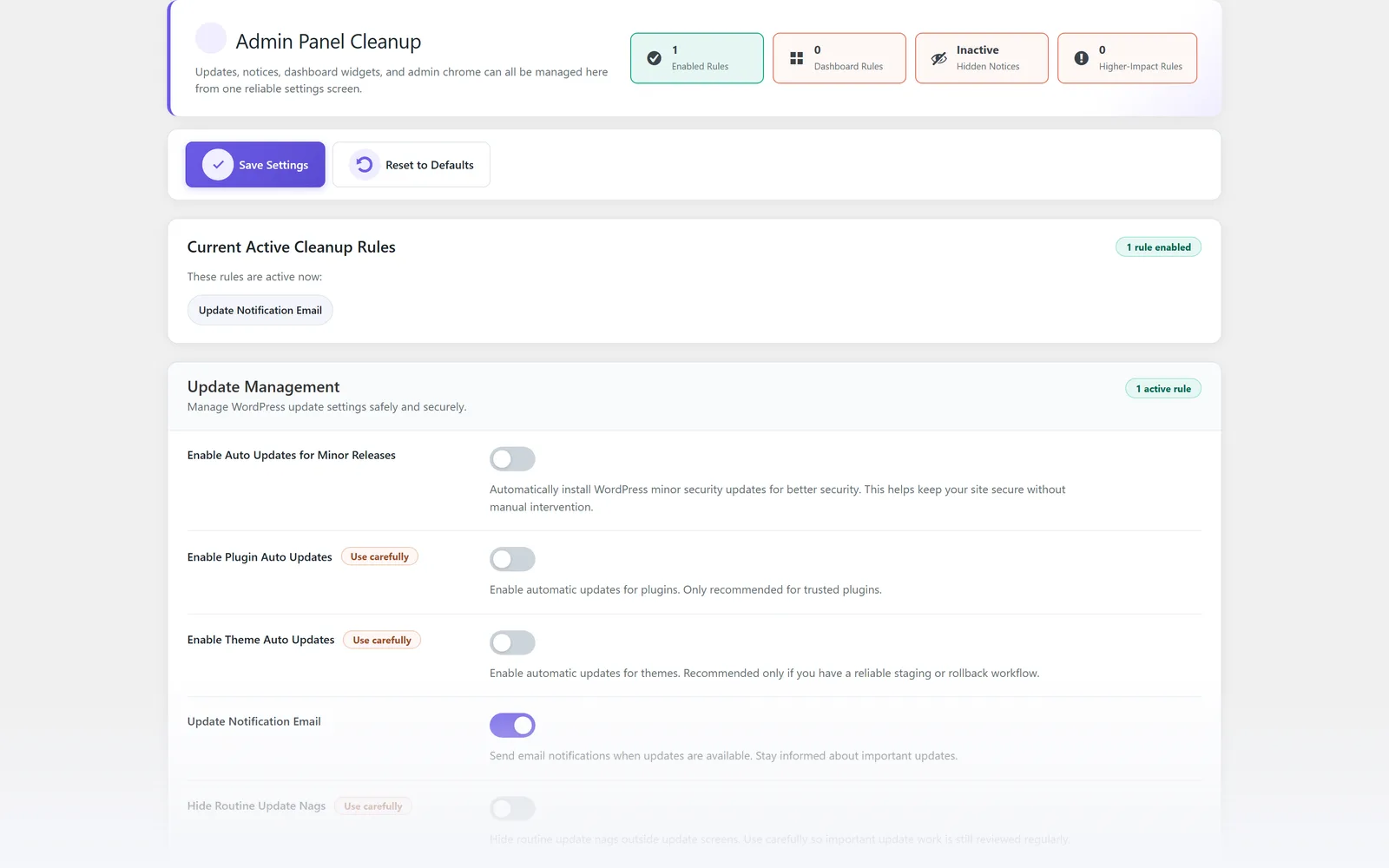 All in One WP Settings Admin Cleanup settings screen