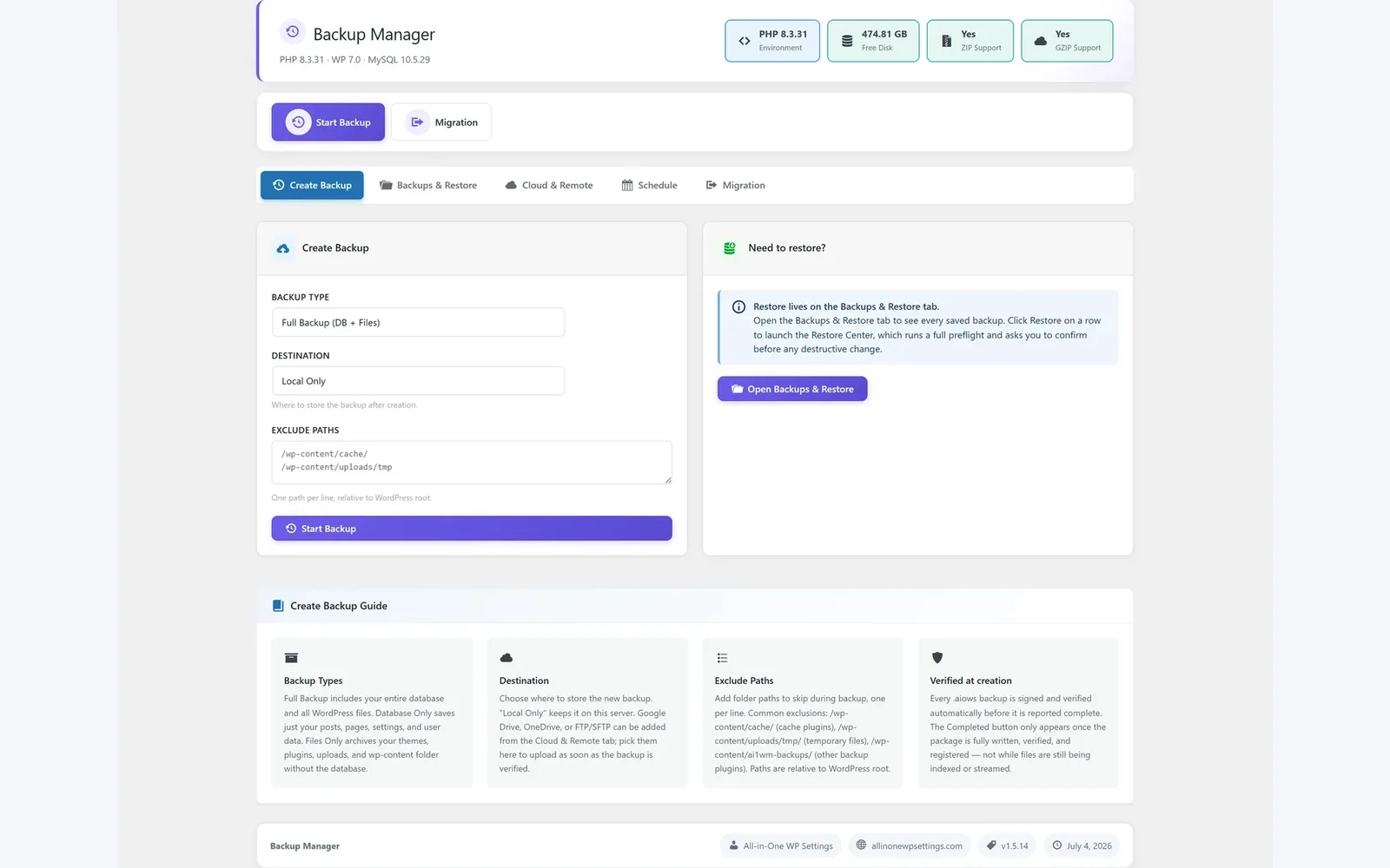 All in One WP Settings Backup Manager backup and restore screen
