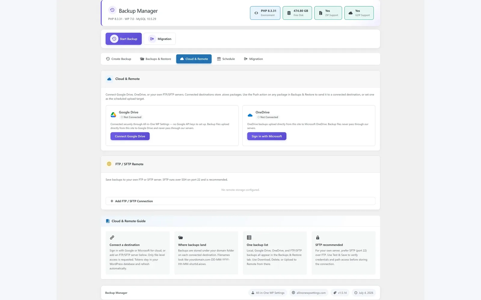 All in One WP Settings Backup Manager cloud storage screen