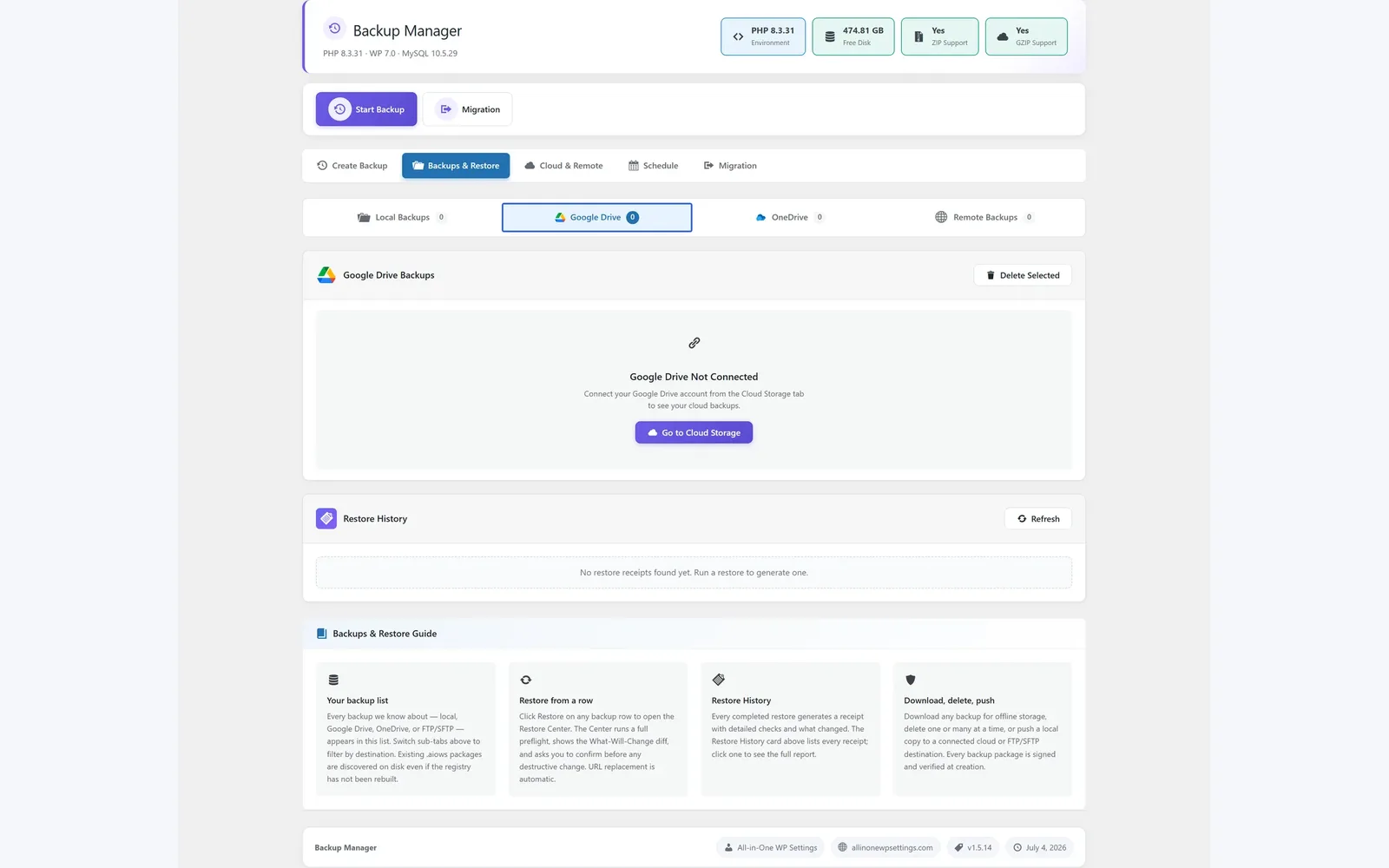 All in One WP Settings Backup Manager Google Drive backups screen
