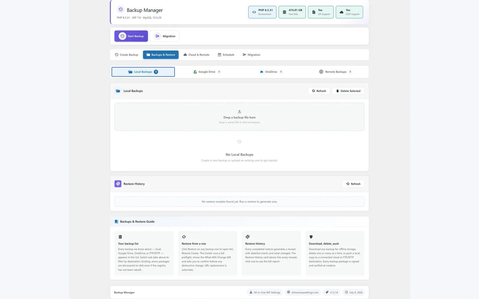 All in One WP Settings Backup Manager local backups screen