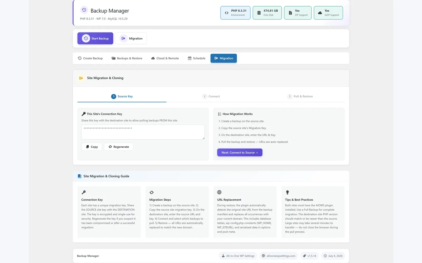All in One WP Settings Backup Manager migration screen
