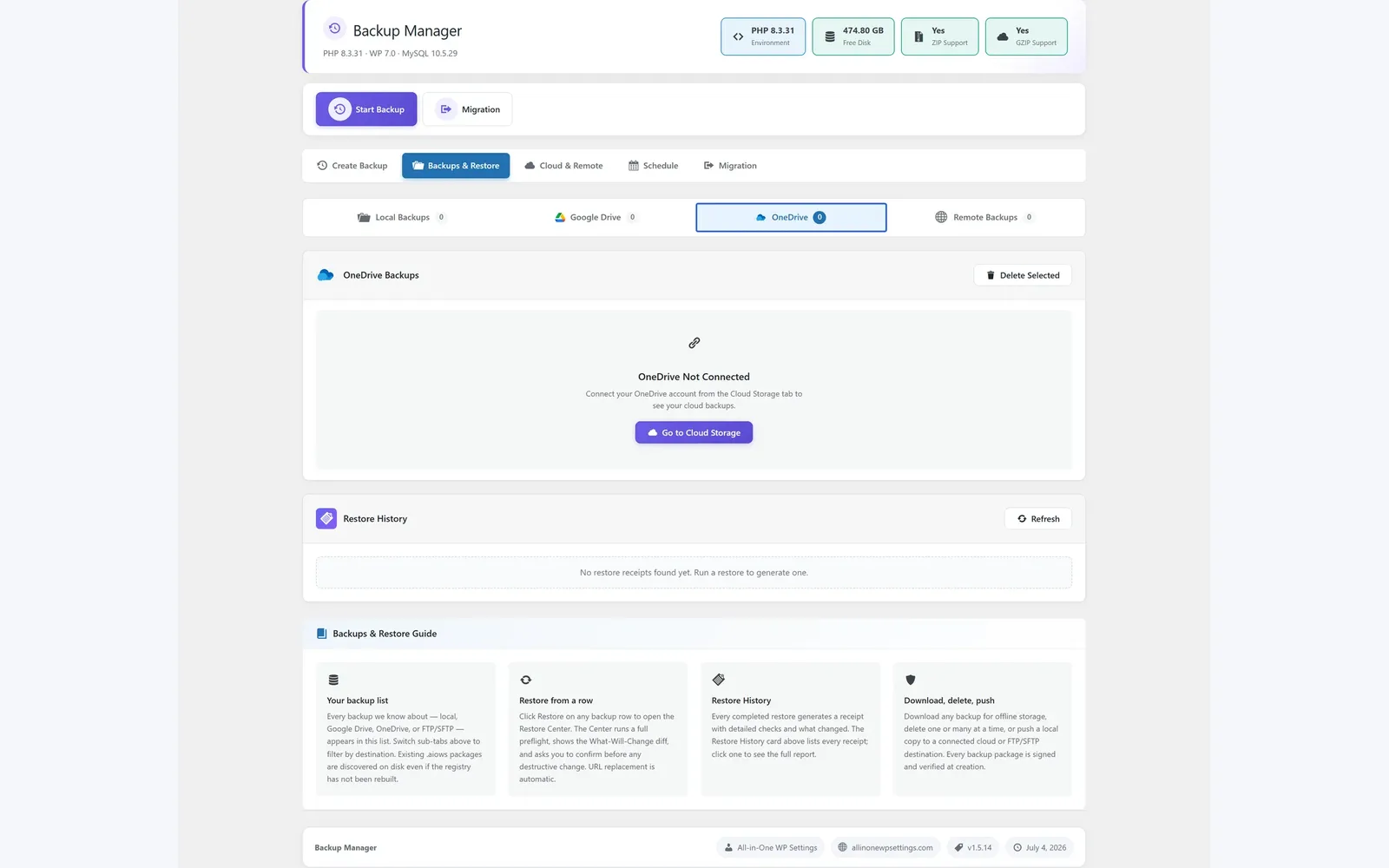 All in One WP Settings Backup Manager OneDrive backups screen