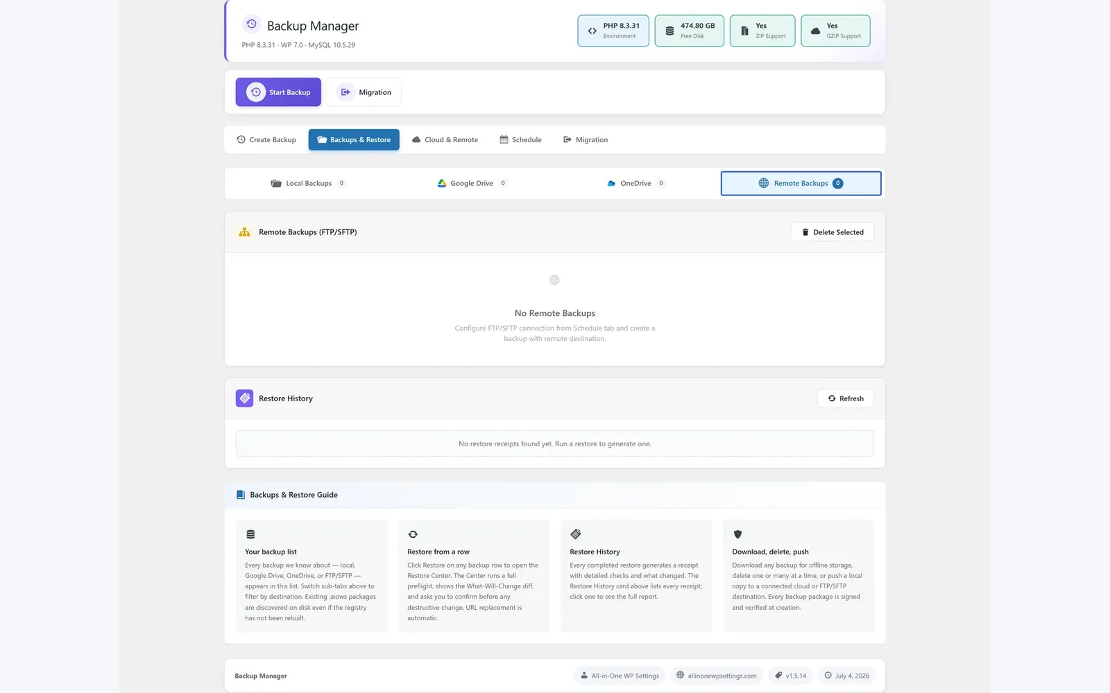 All in One WP Settings Backup Manager remote backups screen