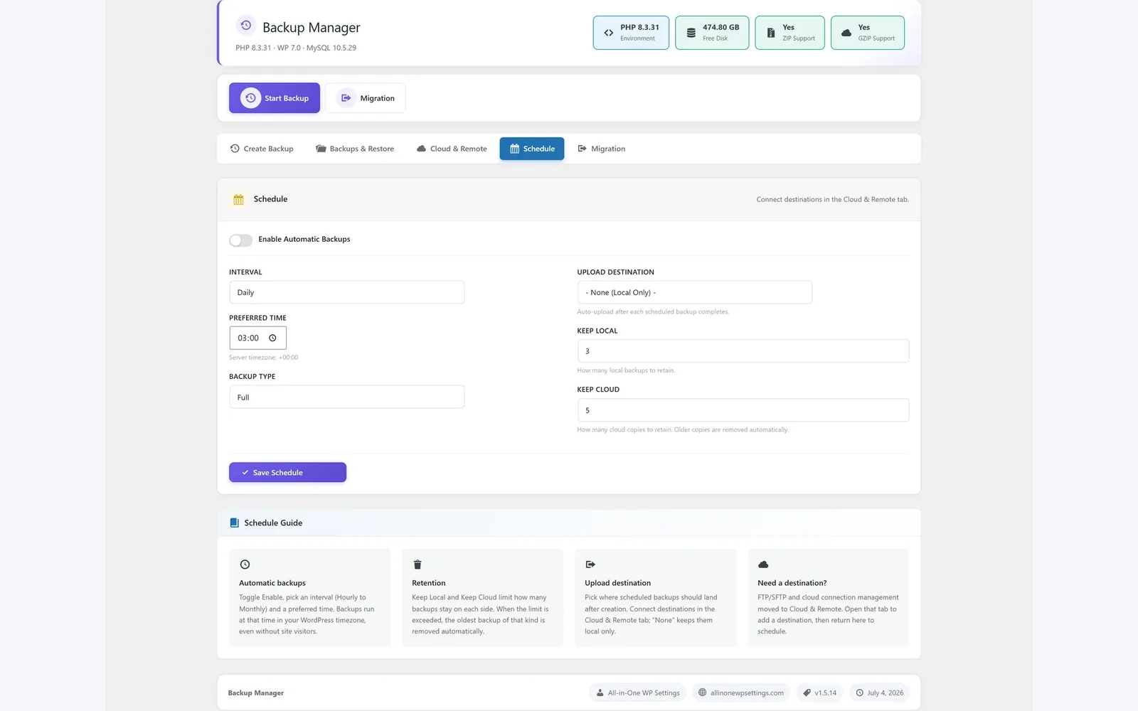 All in One WP Settings Backup Manager schedule screen
