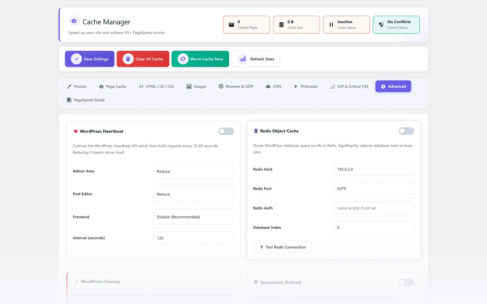 All in One WP Settings Cache Manager advanced settings screen