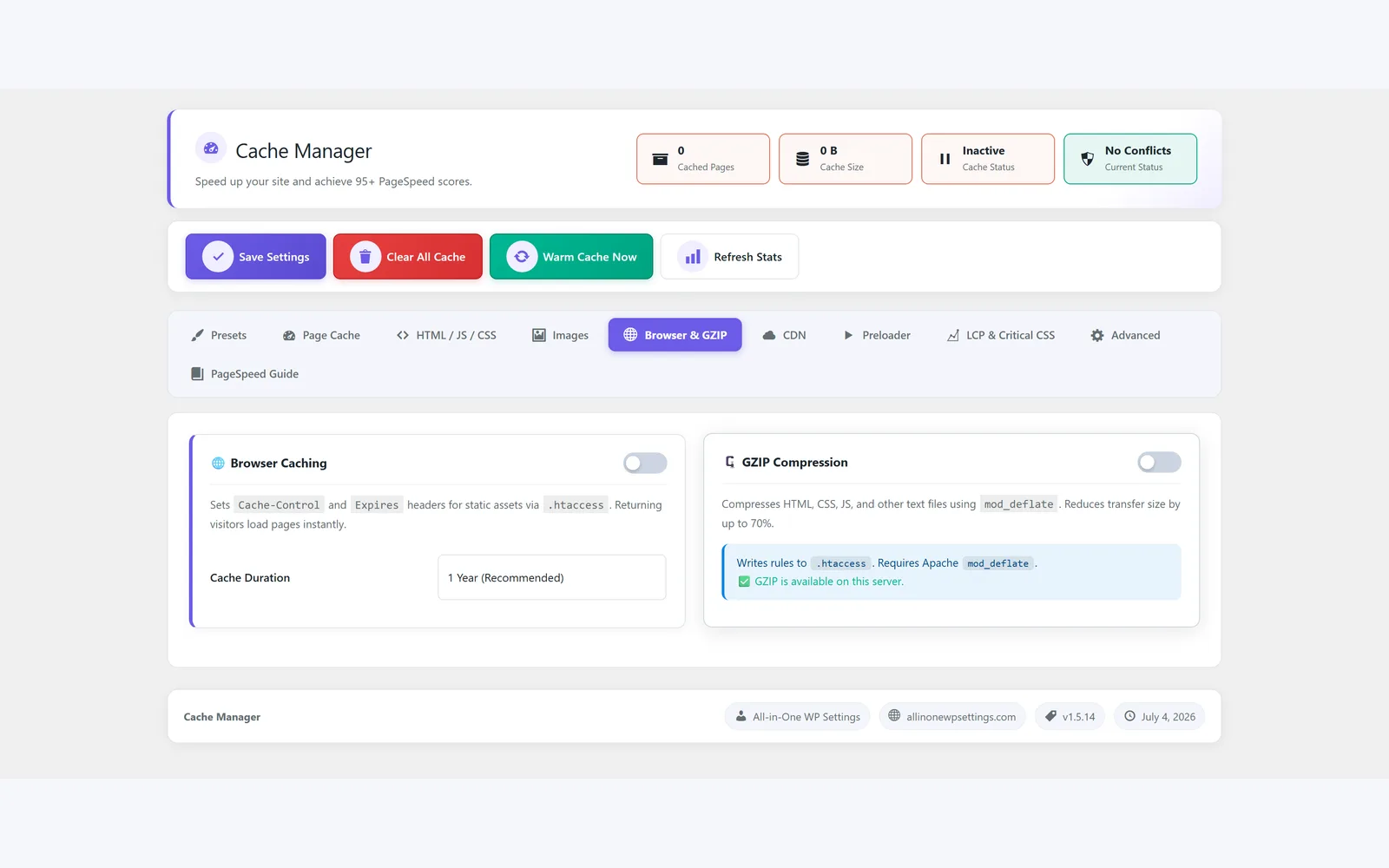 All in One WP Settings Cache Manager browser cache and GZIP screen