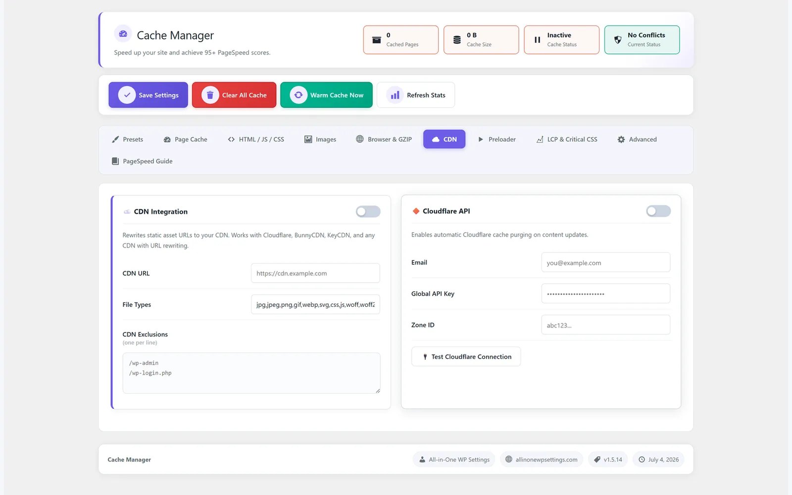 All in One WP Settings Cache Manager CDN and Cloudflare screen