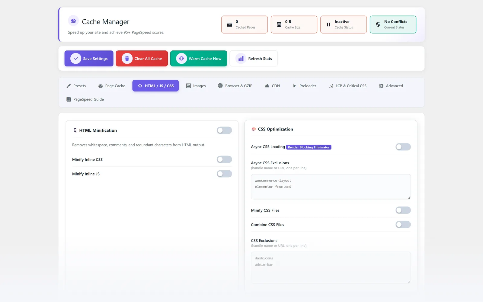 All in One WP Settings Cache Manager HTML JavaScript CSS optimization screen