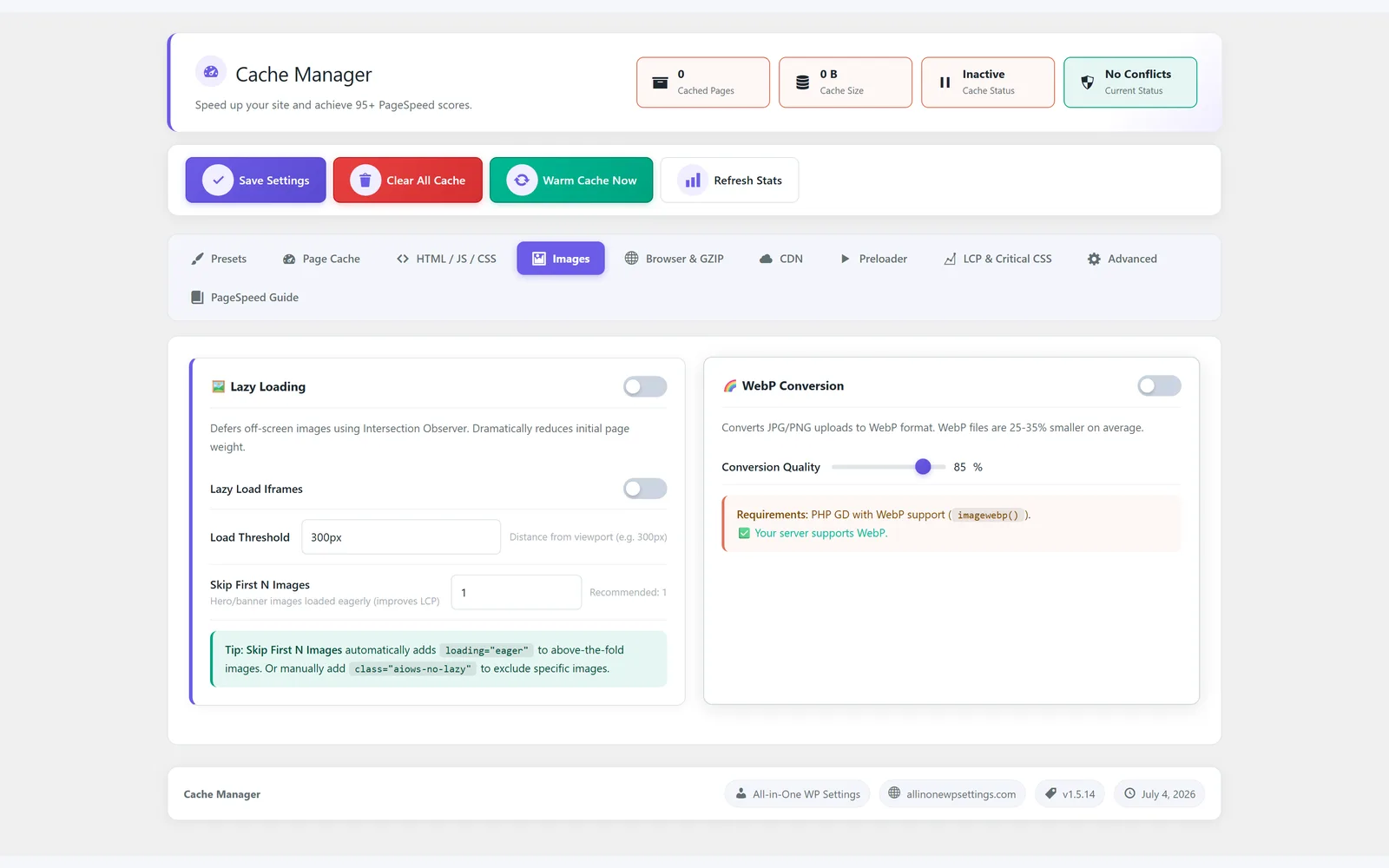 All in One WP Settings Cache Manager image optimization screen