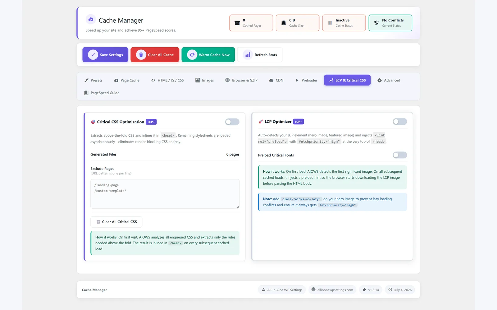 All in One WP Settings Cache Manager LCP and critical CSS screen