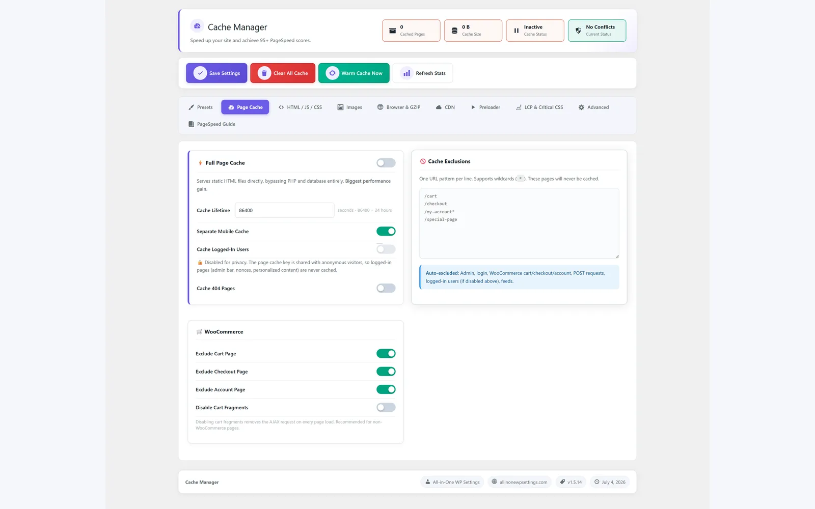 All in One WP Settings Cache Manager page cache screen