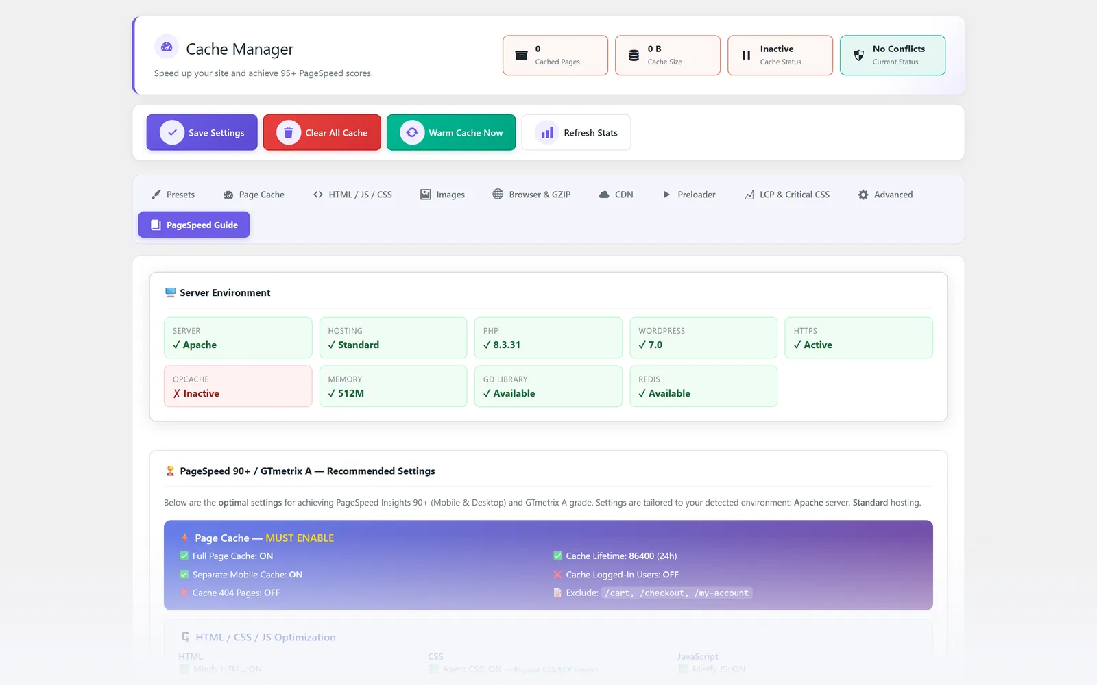 All in One WP Settings Cache Manager PageSpeed guide screen