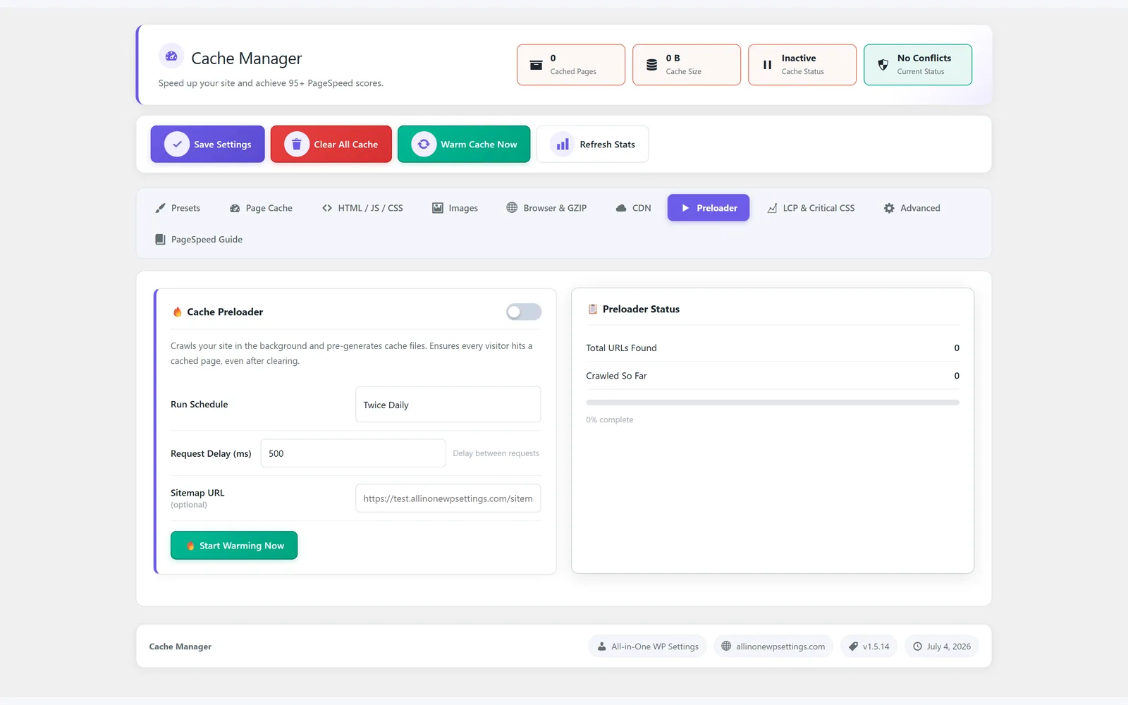 All in One WP Settings Cache Manager cache preloader screen