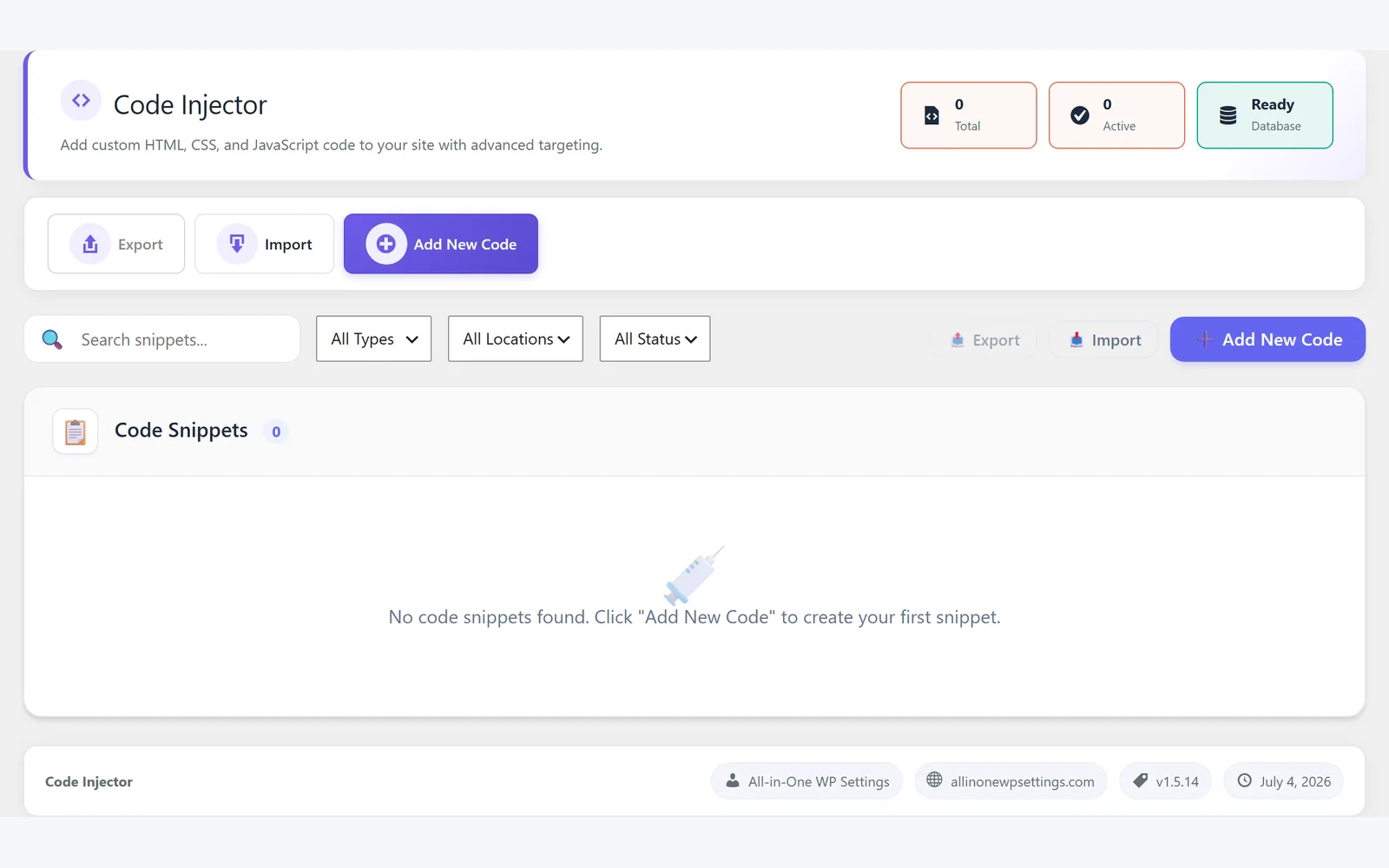 All in One WP Settings Code Injection snippet manager screen