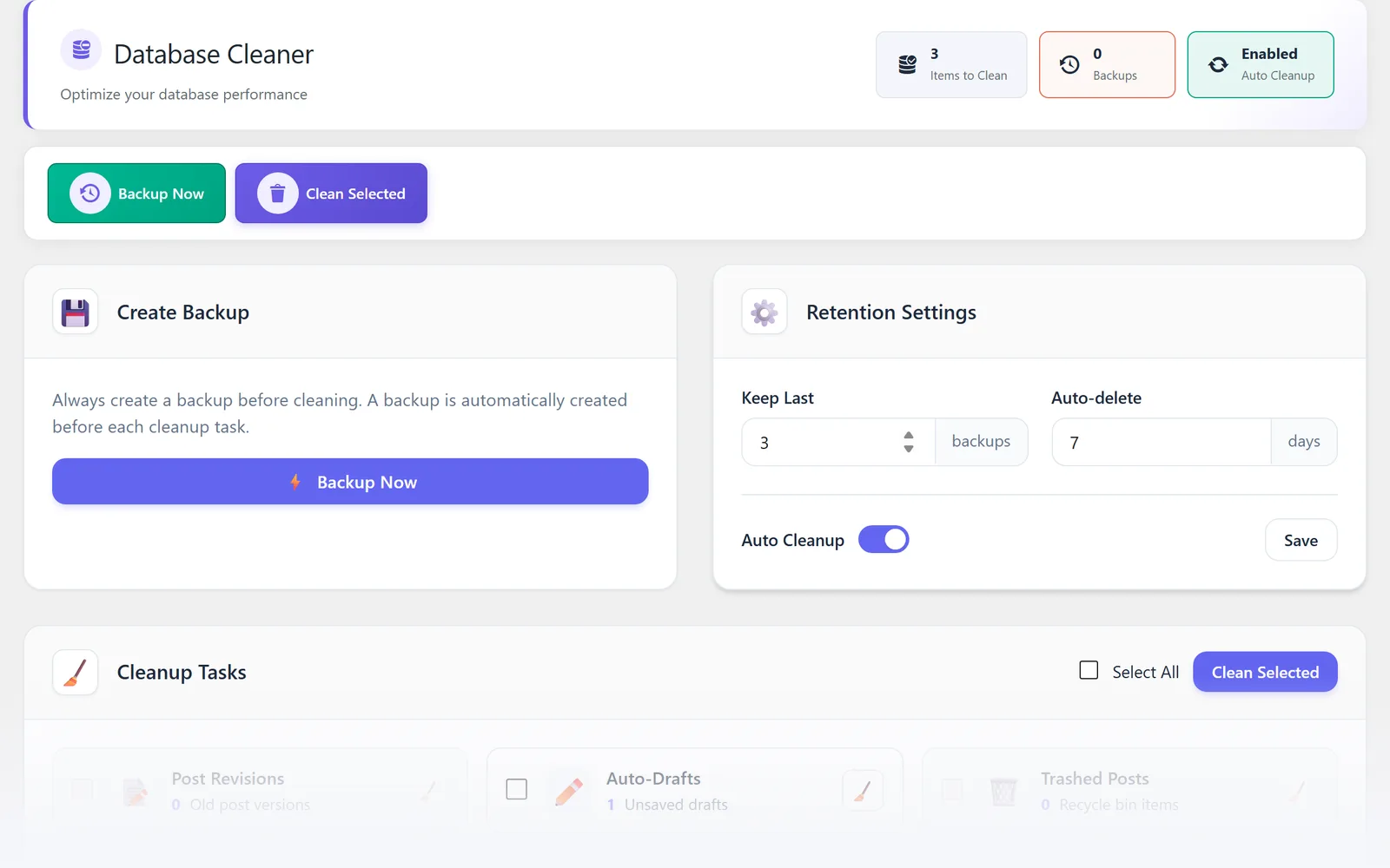 All in One WP Settings Database Cleaner cleanup tools screen