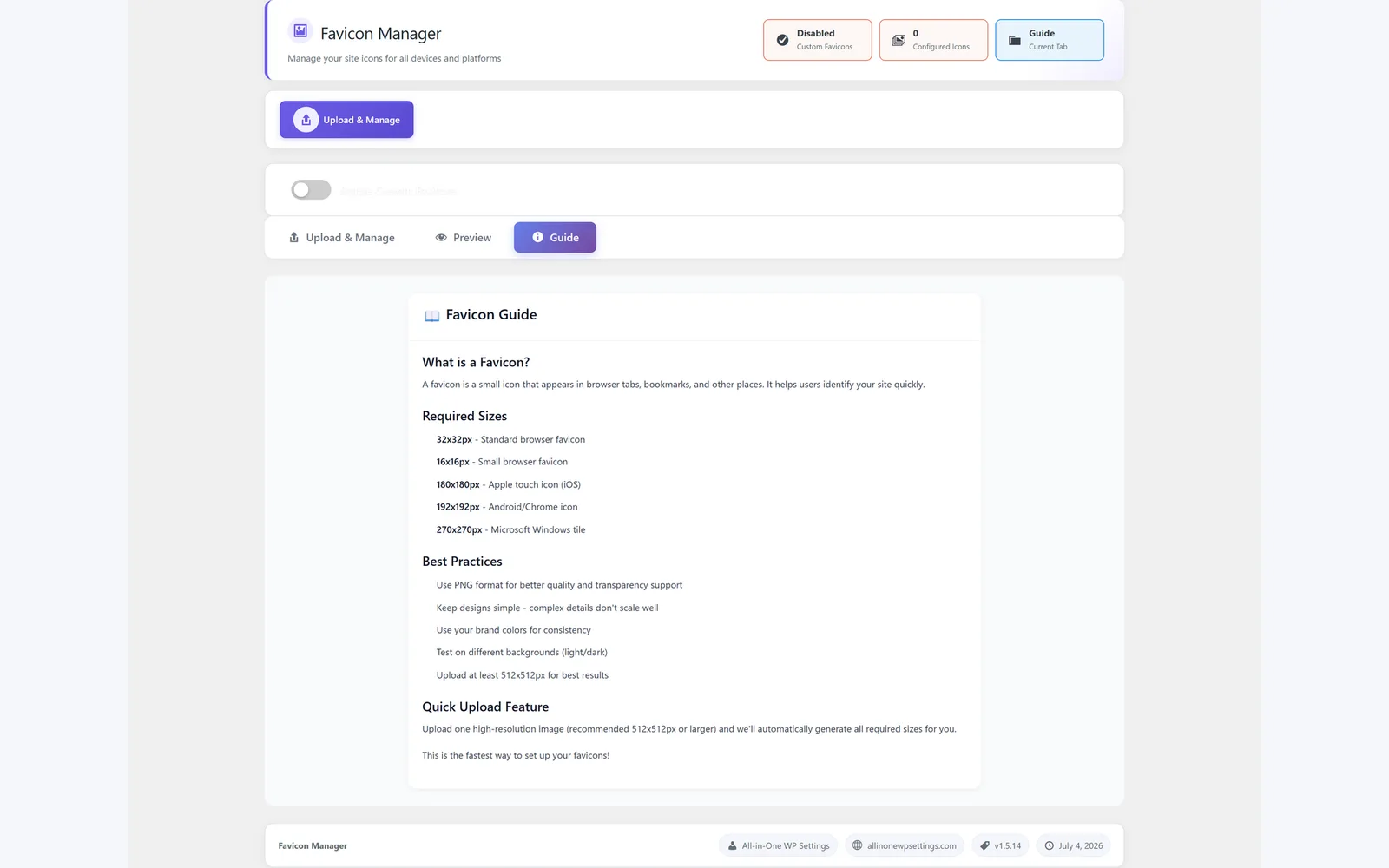 All in One WP Settings Favicon Manager guide screen