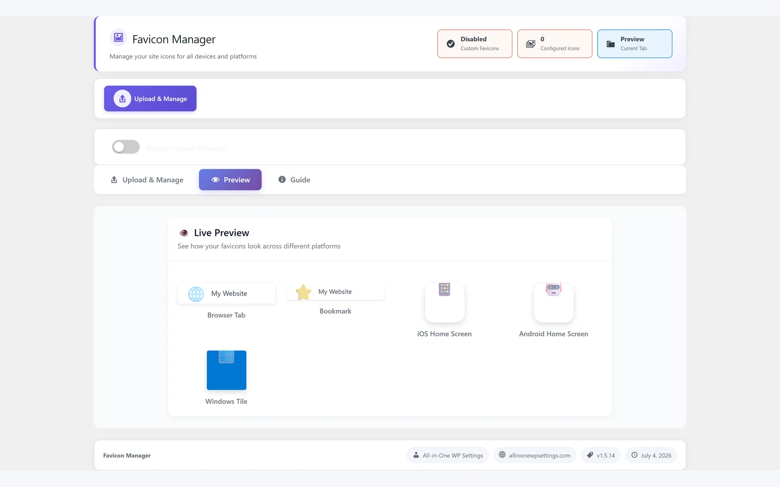 All in One WP Settings Favicon Manager preview screen