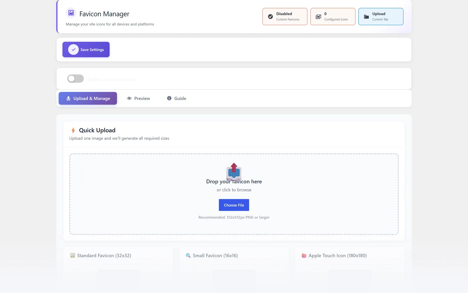 All in One WP Settings Favicon Manager upload screen