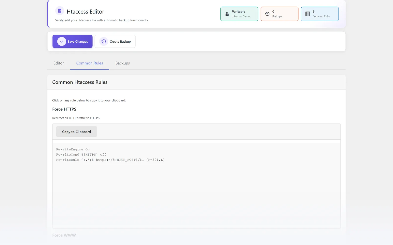 All in One WP Settings Htaccess common rules screen
