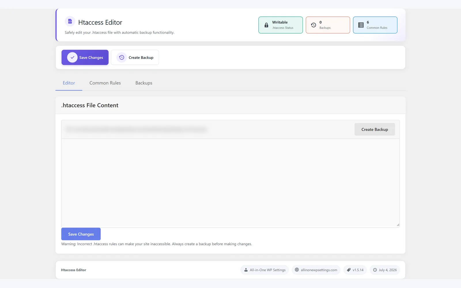 All in One WP Settings Htaccess Editor screen
