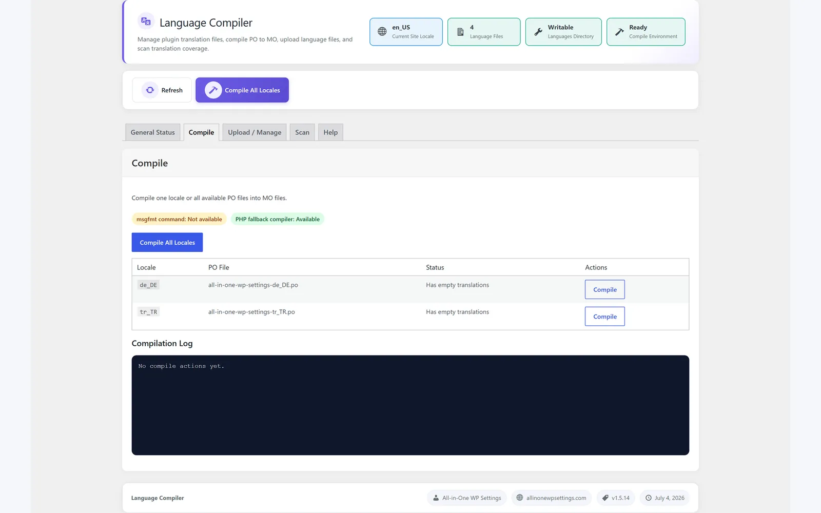 All in One WP Settings Language Compiler compile screen