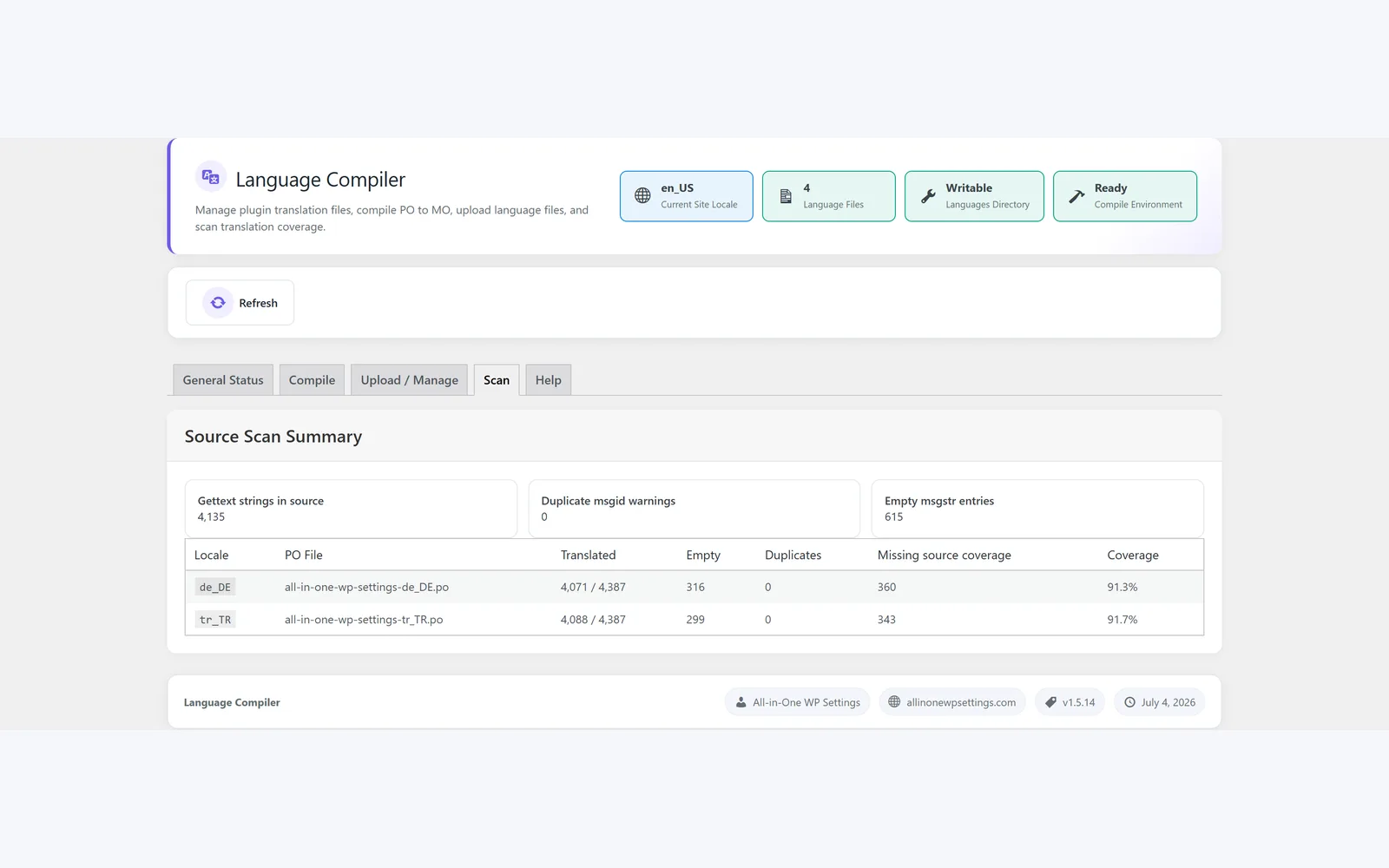 All in One WP Settings Language Compiler scan screen