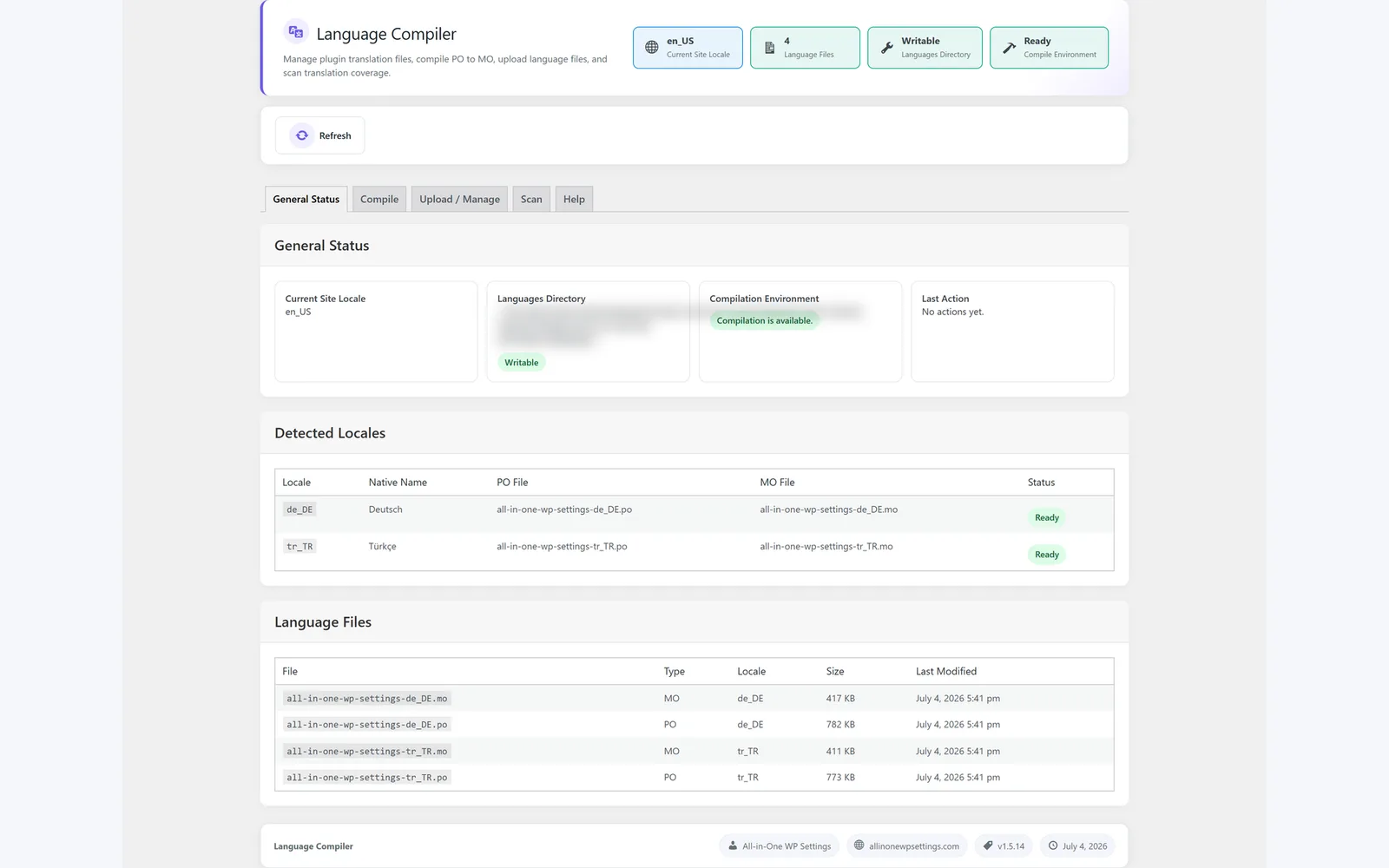 All in One WP Settings Language Compiler status screen