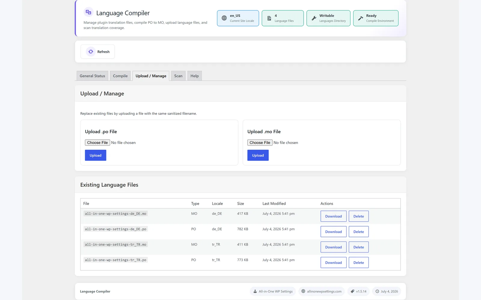 All in One WP Settings Language Compiler upload screen