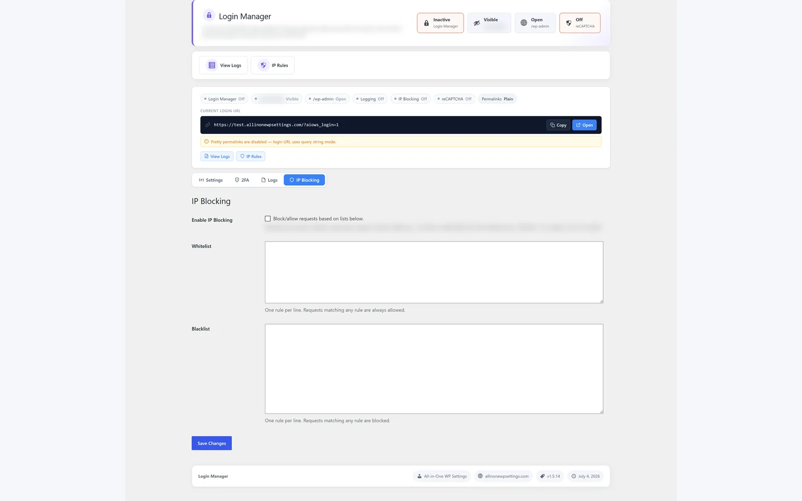 All in One WP Settings Login Manager IP blocking screen