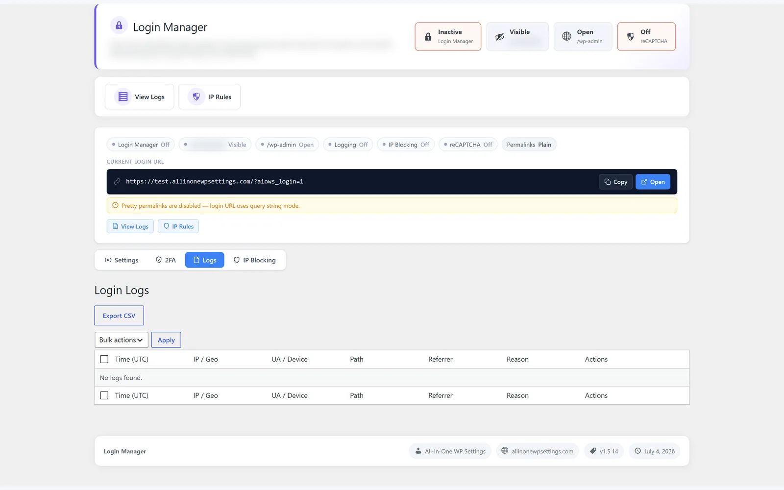 All in One WP Settings Login Manager logs screen