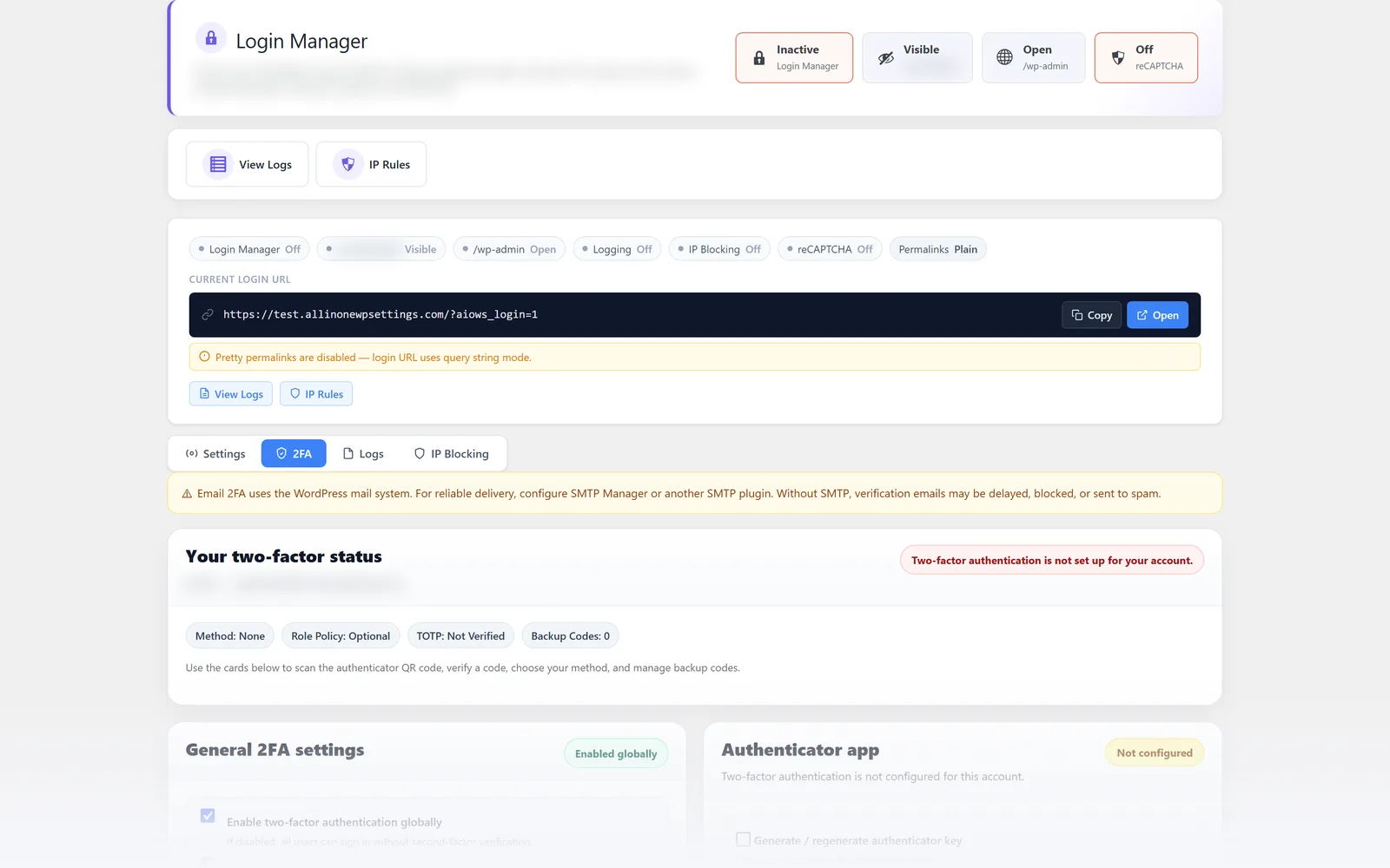All in One WP Settings Login Manager two factor authentication screen