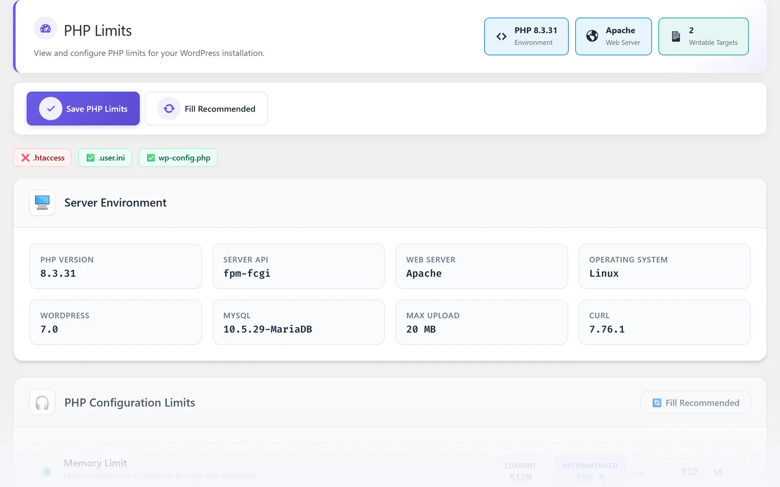 All in One WP Settings PHP Limits overview screen