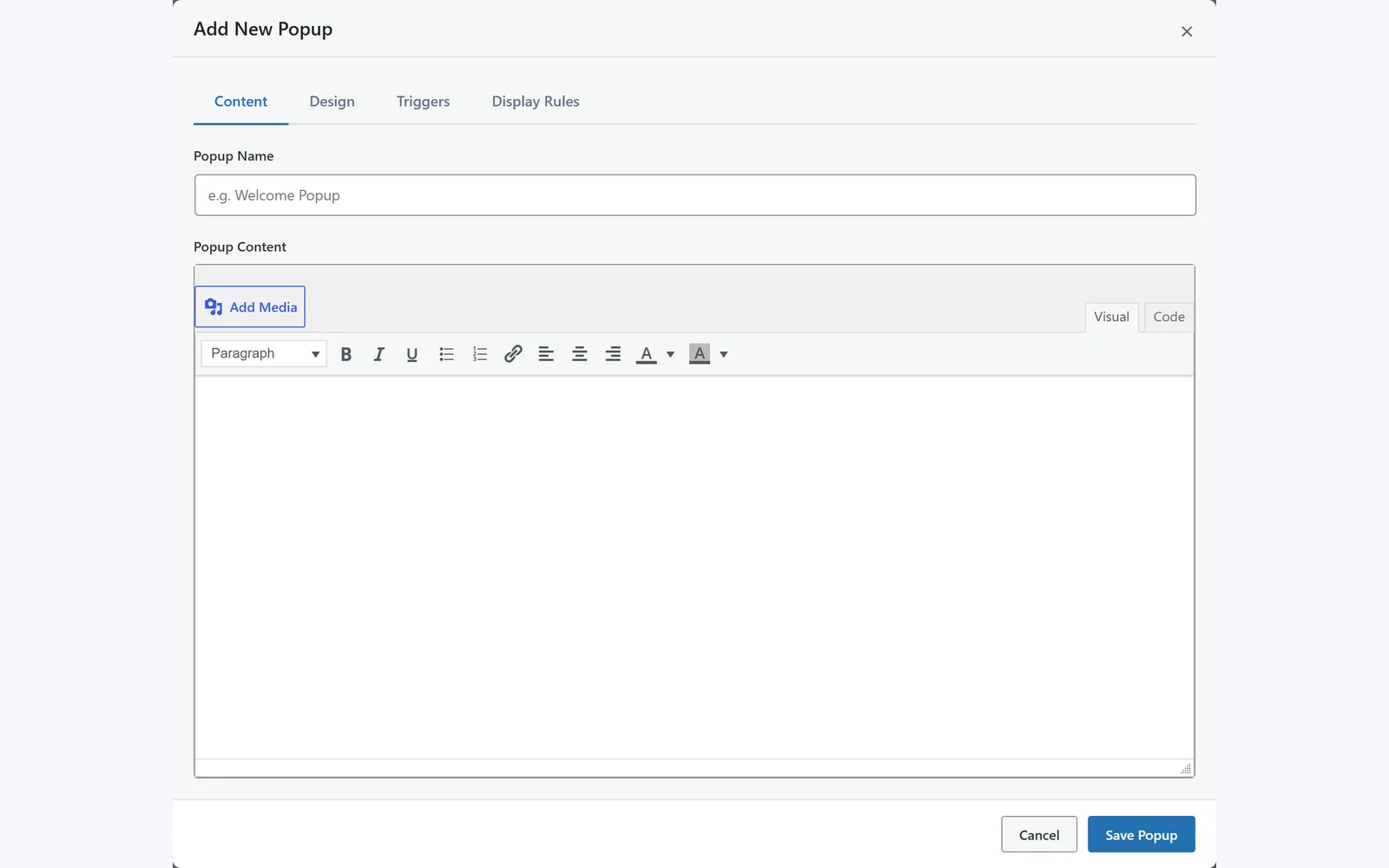 All in One WP Settings Popup Manager content screen